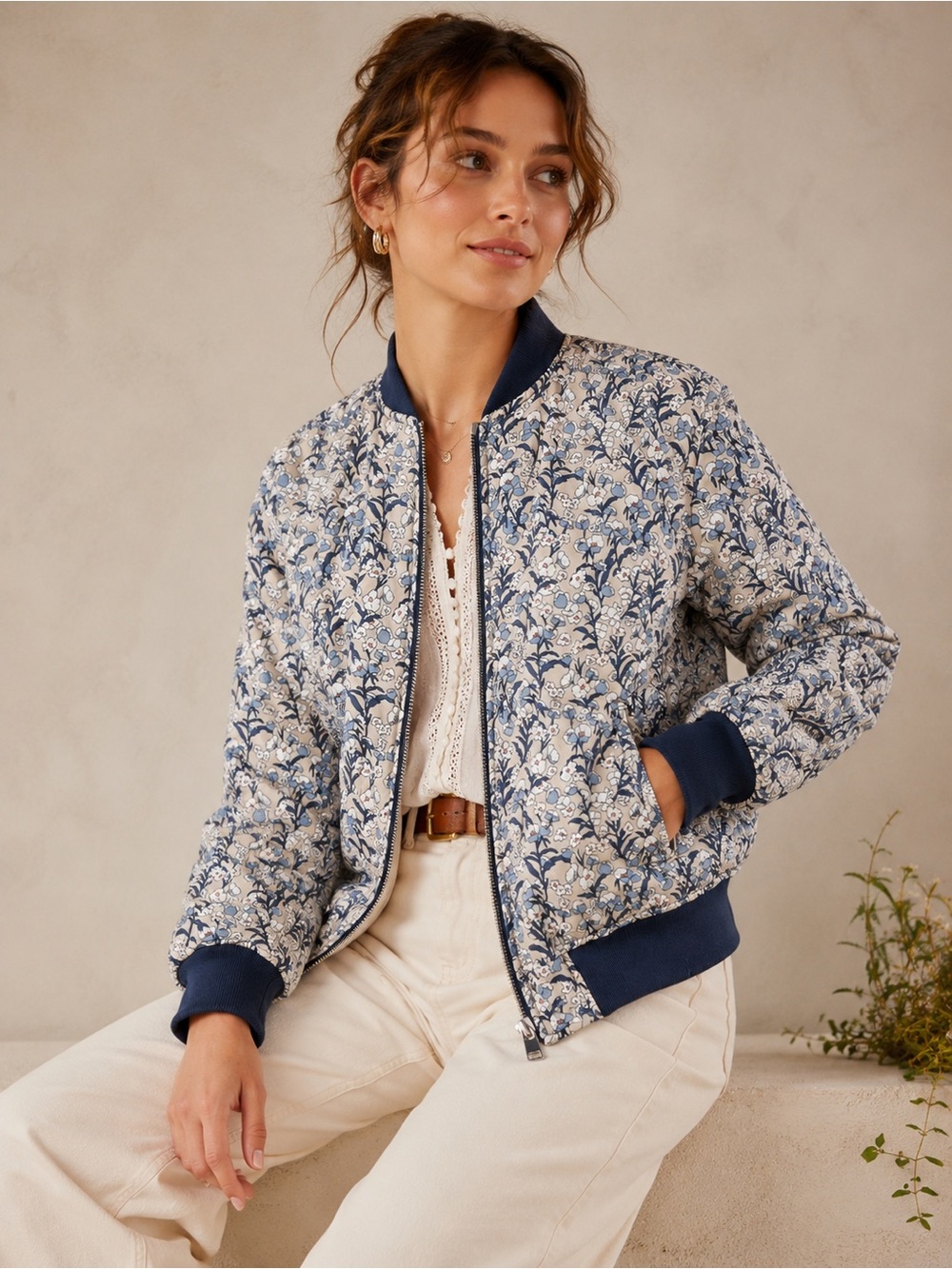 Bagatelle Floral Quilted Bomber Jacket Blue Ivory Cottagecore Puffer Small NWT